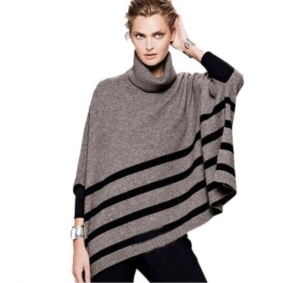 Tahari Cowl Neck Poncho Sweater 70% Wool 30% Yak Blend Grey Black Stripe Size S - Picture 1 of 10